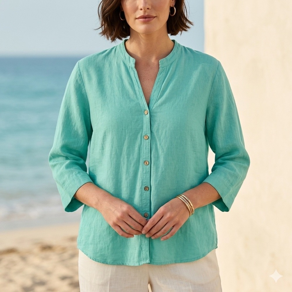 Hot Cotton Linen Cotton Top Womens Medium Petite Button Up Blouse Turquoise Teal
